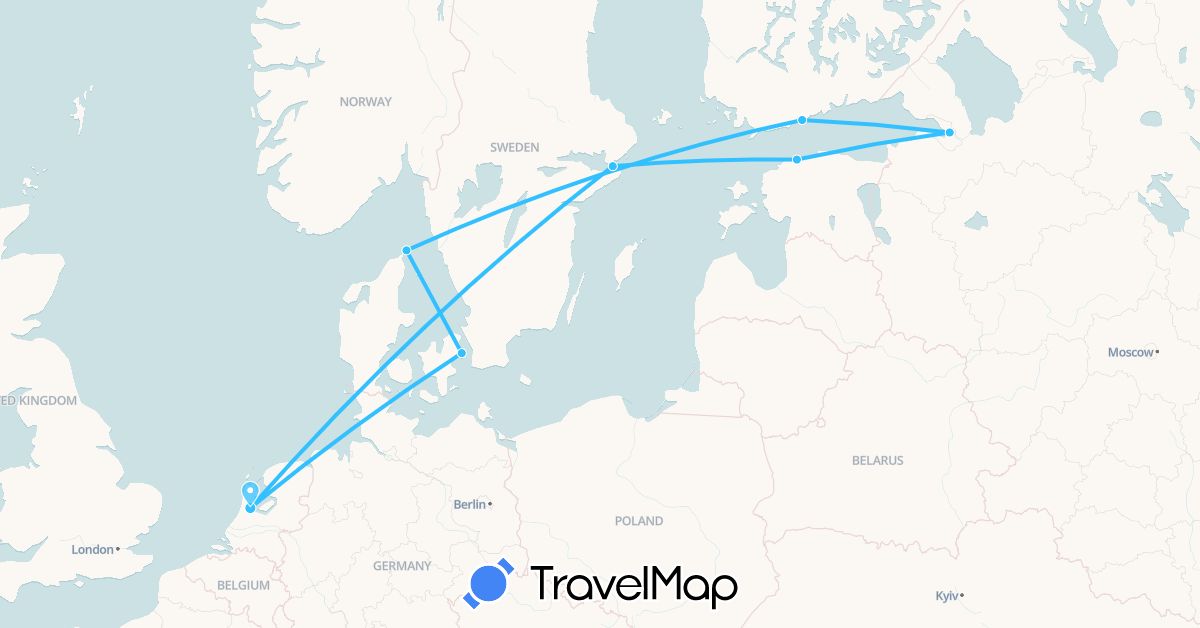 TravelMap itinerary: driving, boat in Denmark, Estonia, Finland, Netherlands, Russia, Sweden (Europe)